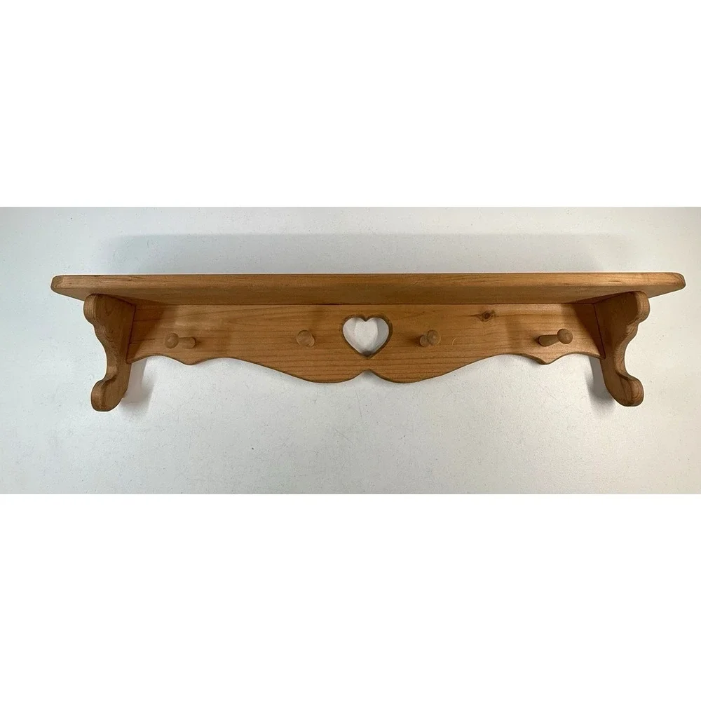 Vintage Cottage Farmhouse Heart Cutout 4 Peg Shelf 36″ Rustic Wooden Wall Rack